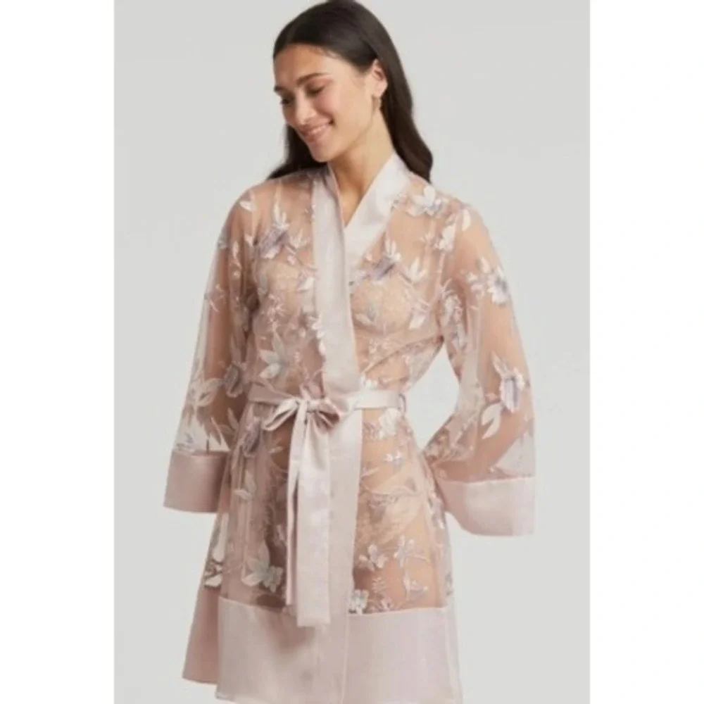 Rya Collection Sepia Rose Embroidered Mesh Kimono Robe Cover Up M L